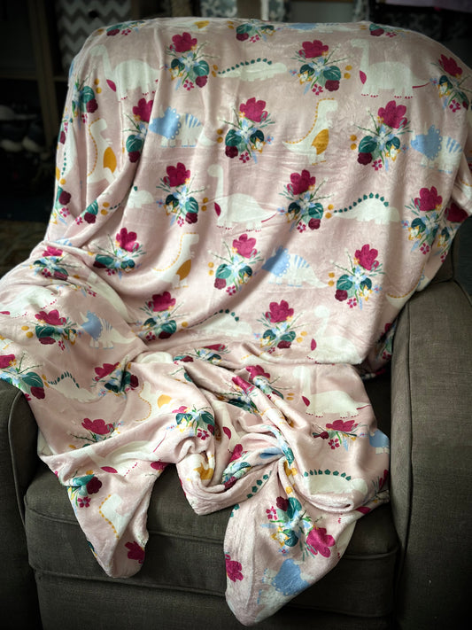 Pink Floral Dino Minky Blanket