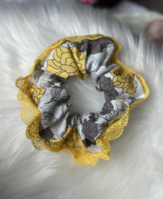 Yellow & Gray Floral Lace Trim Scrunchy
