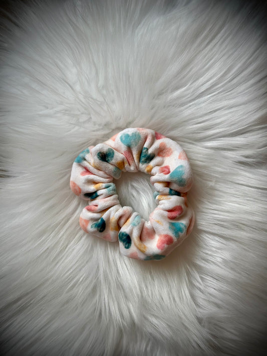 Distressed Pastel Hearts Velvet Scrunchy