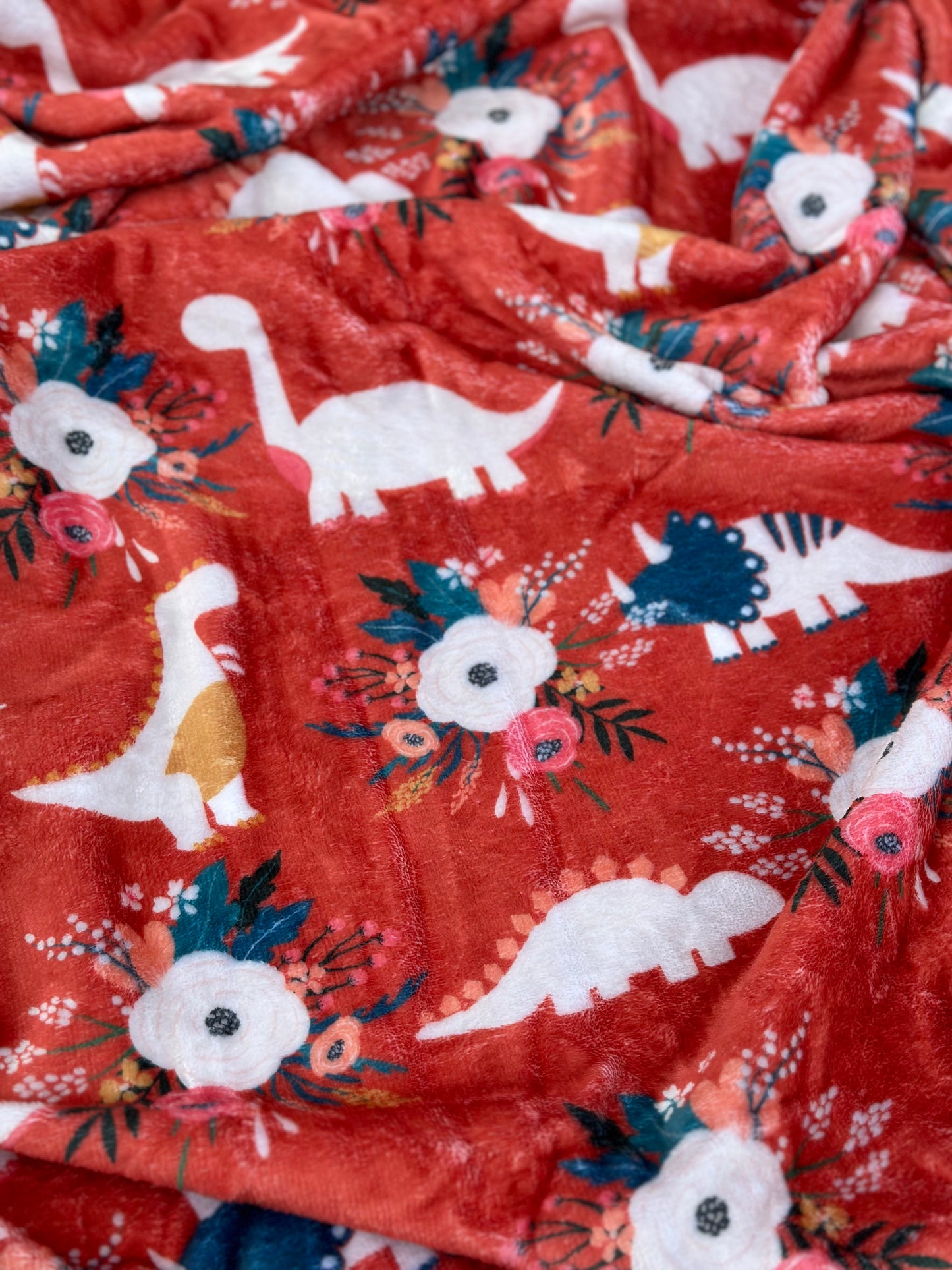 Red Floral Dino Minky Blanket