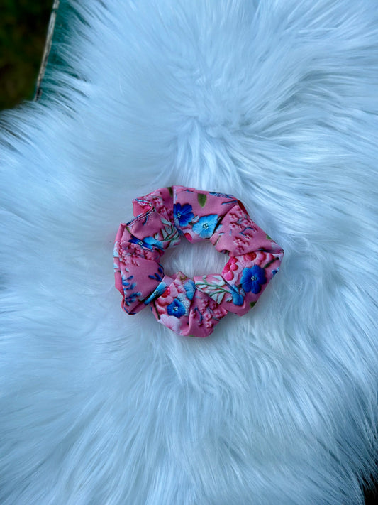 Pink & Blue Floral Faux Embroidery Scrunchy
