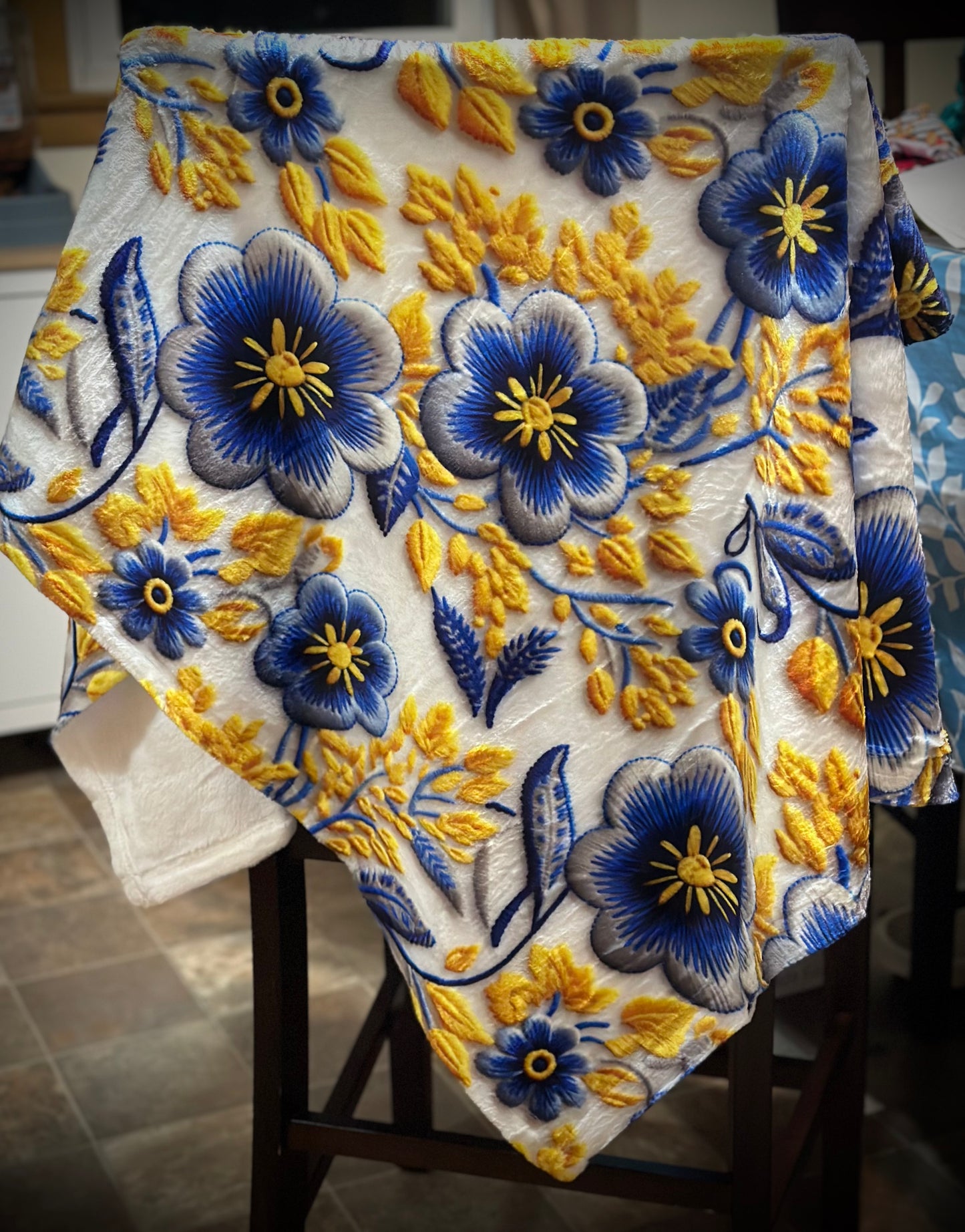 Blue & Yellow Floral Faux Embroidery Minky Blanket