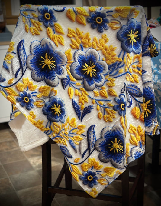 Blue & Yellow Floral Faux Embroidery Minky Blanket