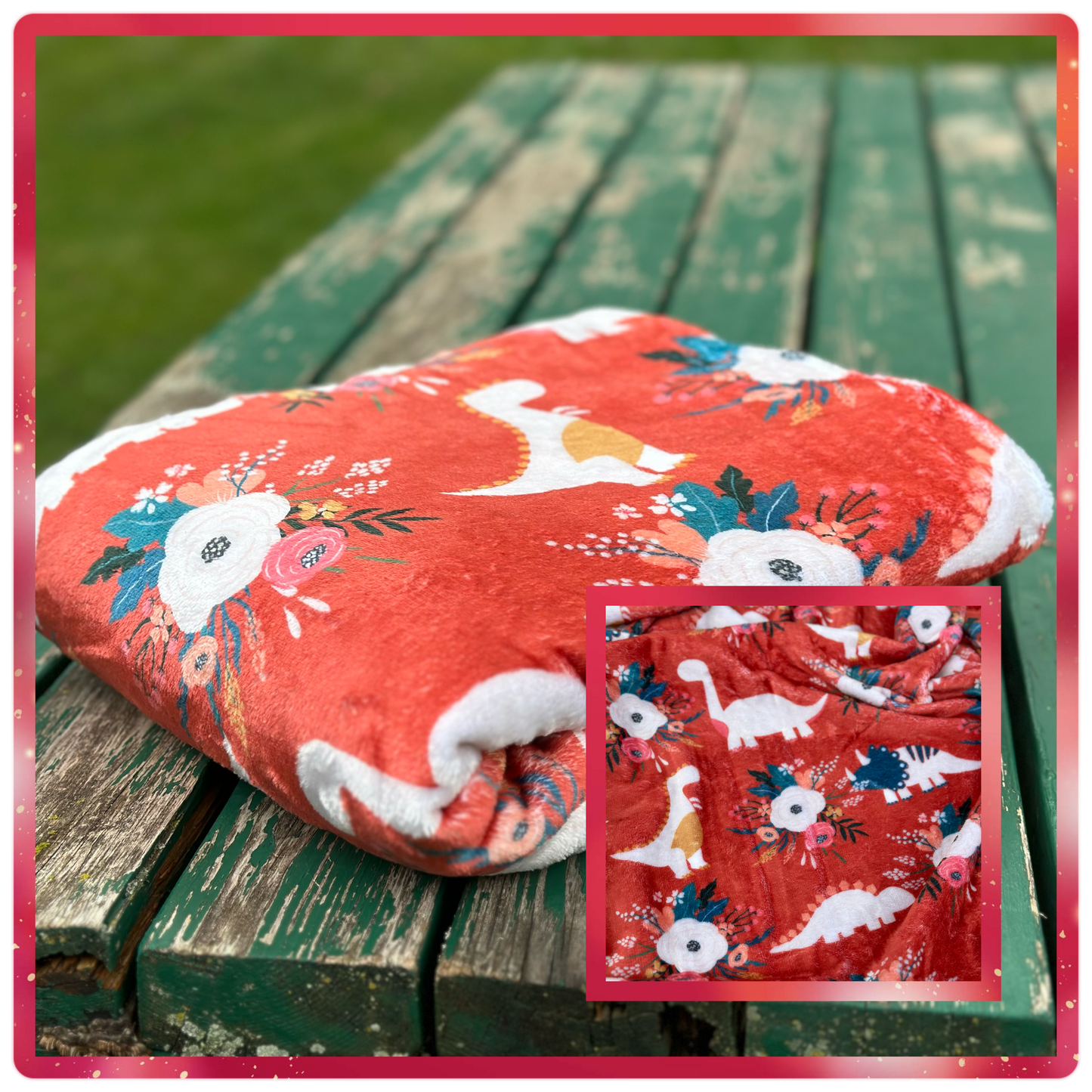 Red Floral Dino Minky Blanket