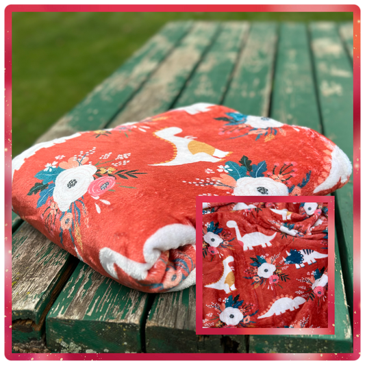 Red Floral Dino Minky Blanket